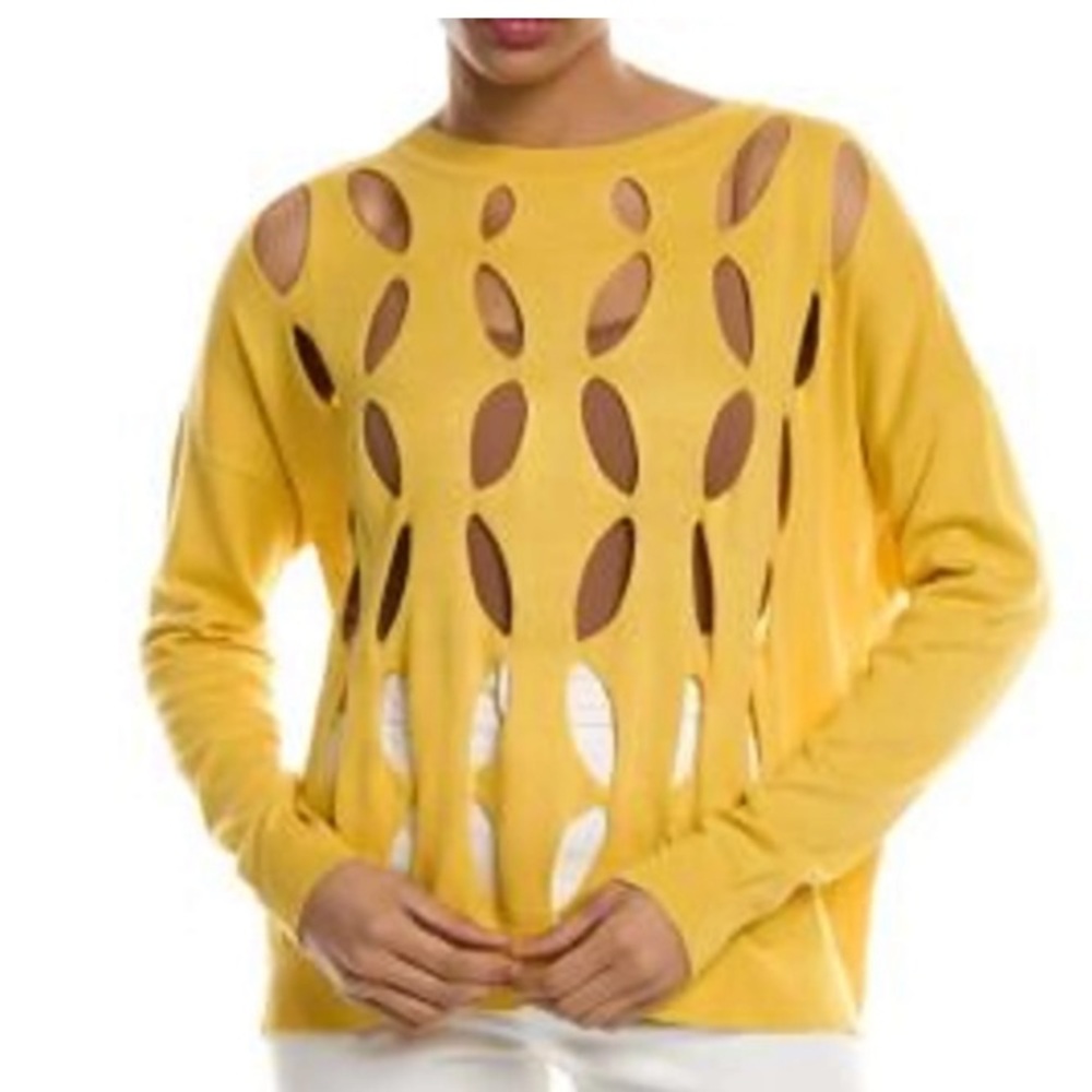 PLANET by Lauren G "Sizeless" Laser Cut-Out Pima Cotton Sweater – Mustard Yellow - Picture 9 of 9